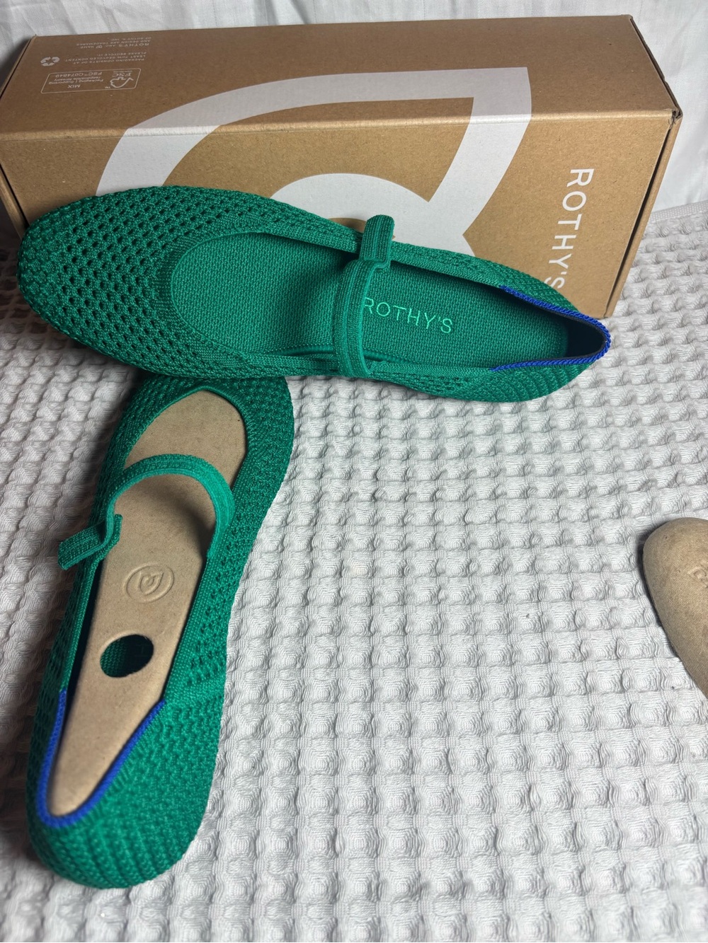 Rothy's Green Knit Mary Jane Flats with Blue Trim - Picture 5 of 6